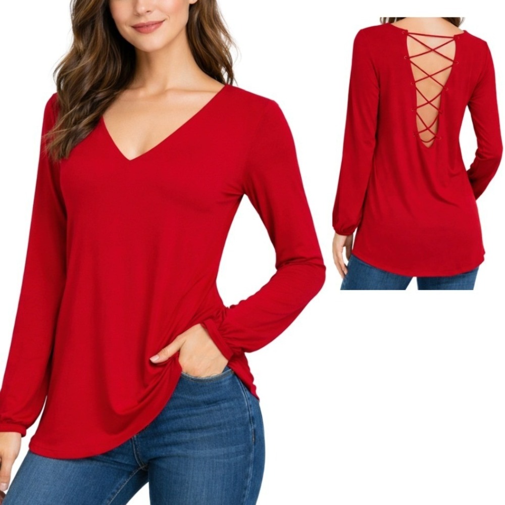 Express‎ Womens Red V-Neck Long Sleeve Lace Up Lattice Back Top Blouse Medium